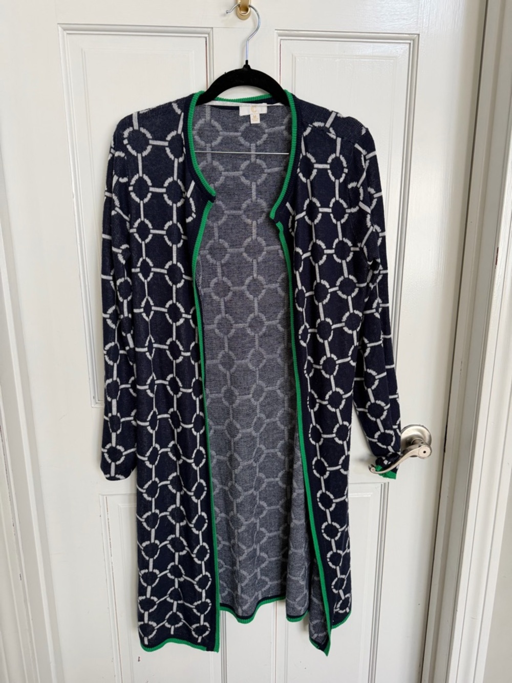 Charming Charlie Navy Chain-Link Lightweight Long Cardigan Sweater Size M Green - Picture 2 of 4
